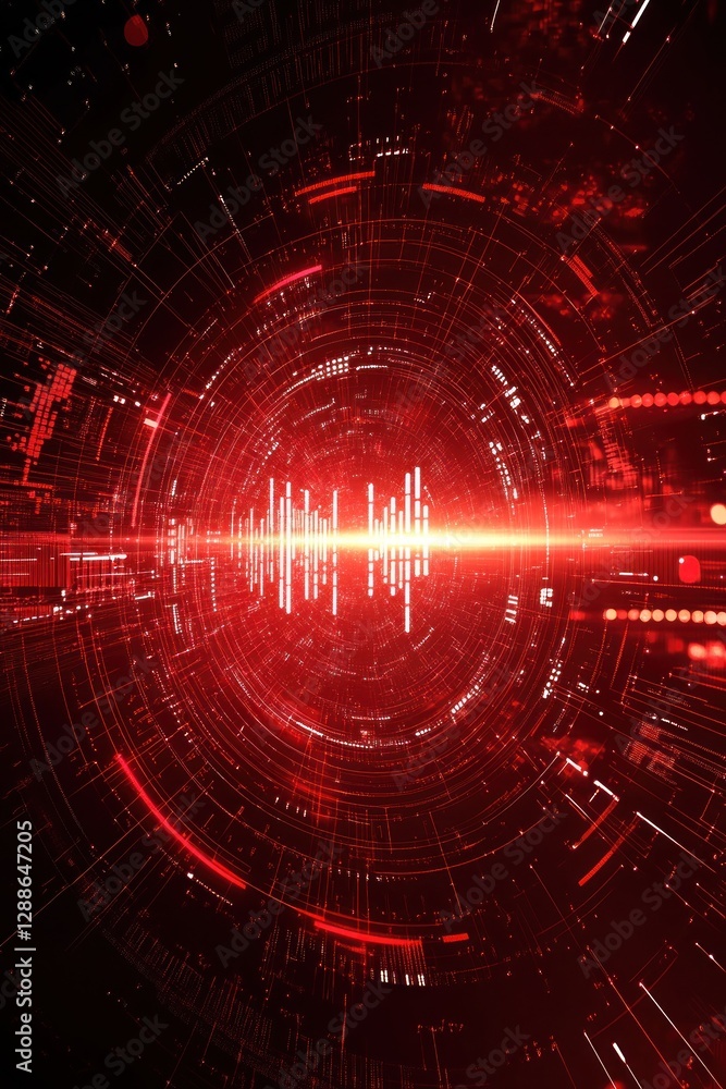 Aufkleber abstract digital art depicting a vibrant red sound wave pattern in a futuristic setting