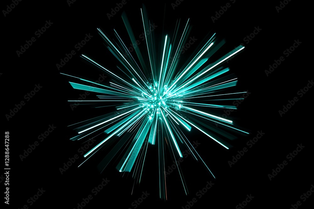 Poster teal light streaks explode from center on black.