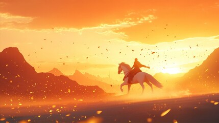 Galloping Horse Rider in Golden Sunset Landscape Silhouette Against Mountains and Sky Artistic Fantasy