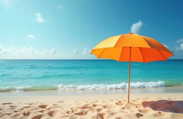 Fototapeta premium Vibrant orange beach umbrella on serene sea shore. Turquoise water meets sandy coast, blue sky. Summer vacation scene. Sunshade protects from sun on holiday. Tropical island paradise, calm. Coastline