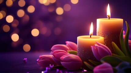 Glowing Candles with Purple Tulips for a Serene Ambiance and Soft Bokeh Background Light Effects
