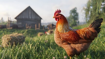 Colorful Chicken Standing Gracefully in Sunlit Farm Landscape with Barn in Background