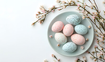 Fototapeta premium Easter egg tray, decorations, Easter, eggs, posters, advertisements, backgrounds, wallpaper, festive, holiday, warm, commercial, educational, colorful