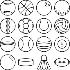 Sport Ball icon set. Includes of basketball, volleyball, tennis, baseball, rugby, and More. Outline icons vector collection