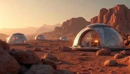 Martian colony on red planet. Metal glass geodesic domes settlement, laboratory. AI generated science fiction, futuristic exploration. Living habitat on Mars surface. Pioneer space research.