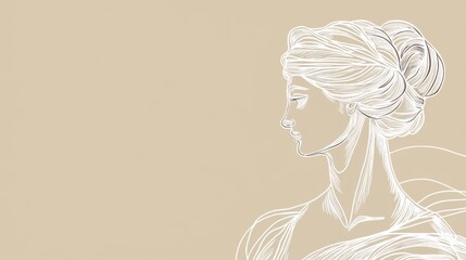 Fototapeta premium Elegant female silhouette profile sketch on beige background