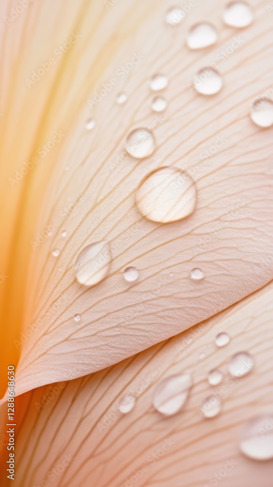 Poster close up macro view showcasing glistening water droplets delicately resting on the soft, textured su