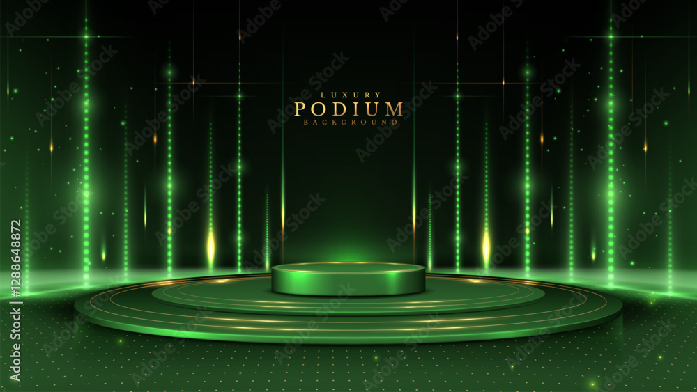 Wall mural golden empty podium on green background with glowing effect decoration and stars, elegant set design