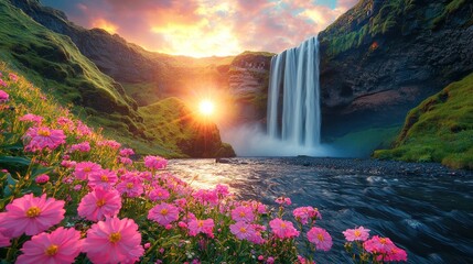 Icelandic Waterfall Sunset Serenity: A breathtaking view of a majestic waterfall cascading down moss-covered cliffs at sunset, framed by vibrant pink flowers.