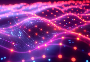 Fototapeta premium Abstract gradient background with glowing neon waves and dots, digital technology concept, vector illustration design. Futuristic landscape.
