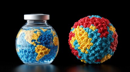 Global Vaccine Earth inside vial, virus model beside.  Medical research, health crisis