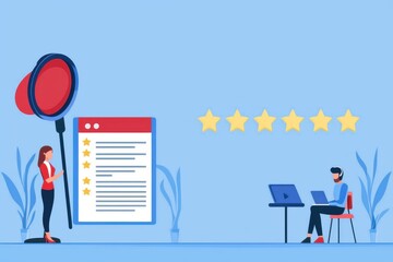 Fototapeta premium A woman stands beside a large review board while a man works on a laptop, surrounded by five stars.