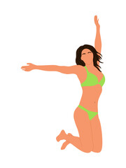 Fototapeta premium Happy woman jumping in bikini. Pretty girl wearing swimsuit having fun on the beach. Vector realistic illustration isolated 