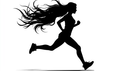 Running woman side view vector silhouette with isolated white