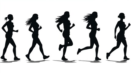 Running girls side view vector silhouettes 