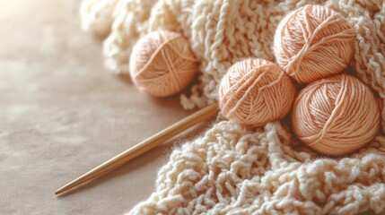 Fototapeta premium Soft Peach Yarn Balls and Knitting Needles on Cozy Knitted Blanket