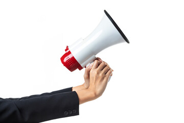 Close-up, woman hand holding megaphone isolated on white background.