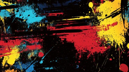 Abstract colorful splatter art with blue, red, and yellow paint on black background