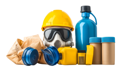 Construction safety essentials, yellow hard hats, blue bottle, and workplace protection gear for a secure job site