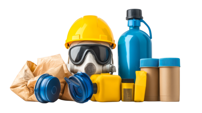 Construction safety essentials, yellow hard hats, blue bottle, and workplace protection gear for a secure job site