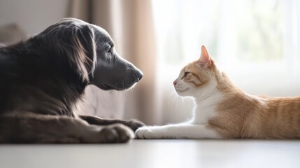 a dog and cat looking at each other on the floor.