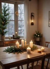 Cozy breakfast nook with candles and an evergreen centerpiece on a small table, cozy ambiance, comfortable seating