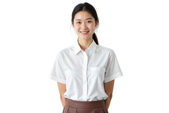 Friendly waitress portrait isolated on transparent background. Business, service industry, corporate, websites, professional use.