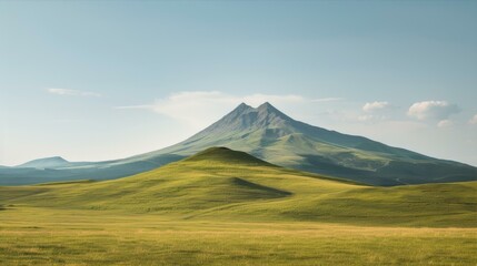 Fototapeta premium Rolling Green Hills Leading to a Majestic Mountain Under a Bright Blue Sky on a Sunny Day Outdoors