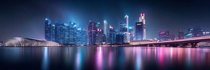 Vibrant night skyline of a modern city with reflective waterfront and illuminated skyscrapers