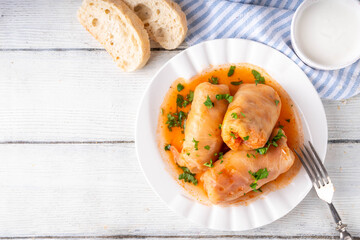 Comfort warm winter food, balanced Eastern European dinner recipe ideas, cabbage rolls, stuffed cabbage leaves, golubtsi with meat and vegetable fillings
