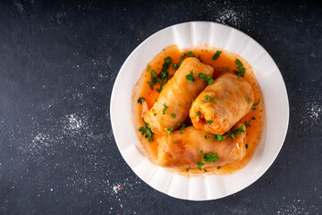 Comfort warm winter food, balanced Eastern European dinner recipe ideas, cabbage rolls, stuffed cabbage leaves, golubtsi with meat and vegetable fillings