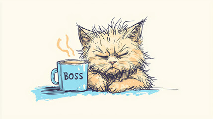 An artwork of a sleepy and grumpy cat sitting next to a mug with the word "Boss" 