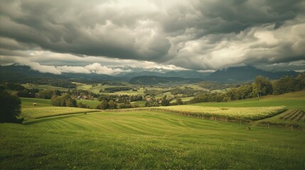 Fototapeta premium Rolling Green Hills Under Dramatic Cloudy Sky Landscape Serene Rural Valley Beauty Outdoor View
