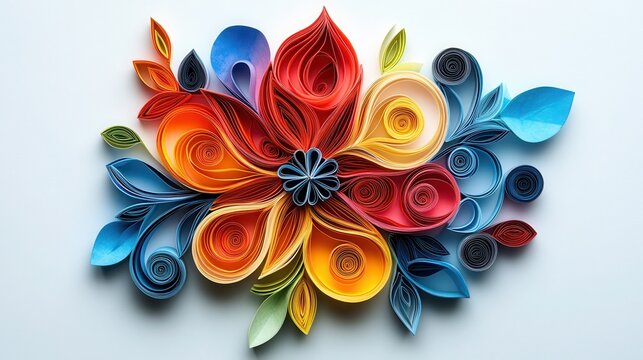 Rainbow Paper Filigree Art detailed paper filigree artwork in a vibrant rainbow of colors forms an intricate floral pattern on a clean white background.