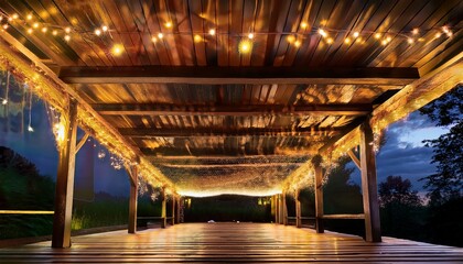 Golden string lights: Rows of golden fairy lights hanging over a rustic wooden pergola, creating a cozy and inviting ambiance.
