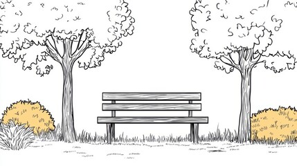 Hand-drawn park scene with wooden bench between two trees and bushes