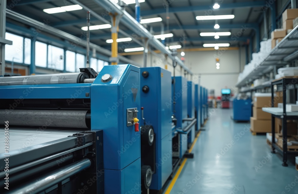 Aufkleber modern print shop workflow featuring blue offset printing machines in factory. automated production 