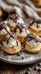 Delicious Cream Puff Pastries with Chocolate Drizzle on Platter