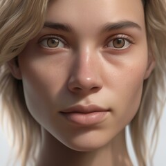 Obraz premium A highly detailed, hyper-realistic close-up portrait of an AI-generated human face. This digital artwork features lifelike skin textures, expressive eyes, and natural lighting.