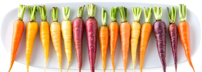 Colorful carrots are lined up in an orderly row on a white plate