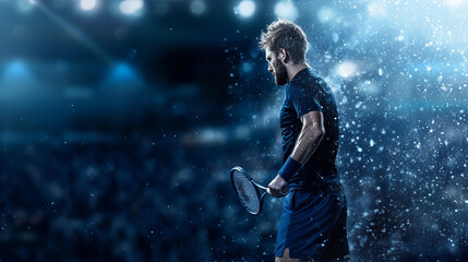 Obraz premium Tennis player stands on court with racket in hand, looking down at crowd and spotlights in background, with effects
