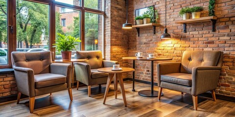 Cozy corner of a coffee shop with comfortable armchairs and side tables, relaxing, warm, atmosphere, armchair, furniture
