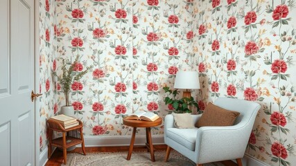 Cozy reading nook with a comfortable armchair and side table surrounded by floral wallpaper, decor, cozy