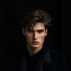 Striking Portrait of a Young Man with Intense Gaze and Classic Hairstyle on a Darkened Background