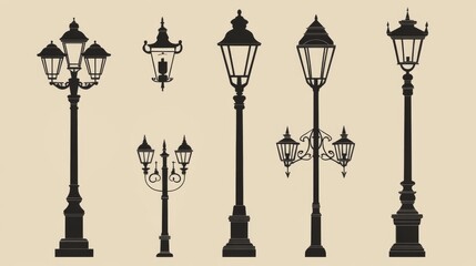 Vintage street lamp silhouettes on beige background
