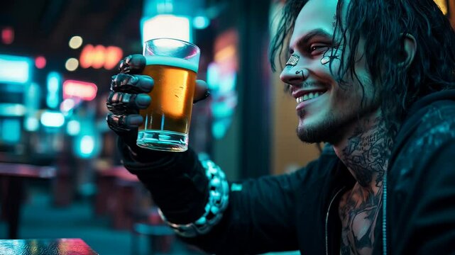a young and happy cyberpunk goth man in the bar drinks a beer. is raising a beer mug in the pub to cheers.