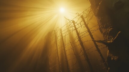 Broken barbed wire fence with sunlight rays symbolizing hope and liberation