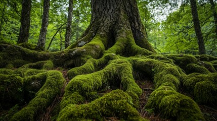 Majestic Tree Roots Covered in Lush Green Moss in Serene Forest