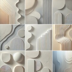 A collection of minimalist textures, featuring smooth gradients, subtle geometric patterns, and soft organic shapes