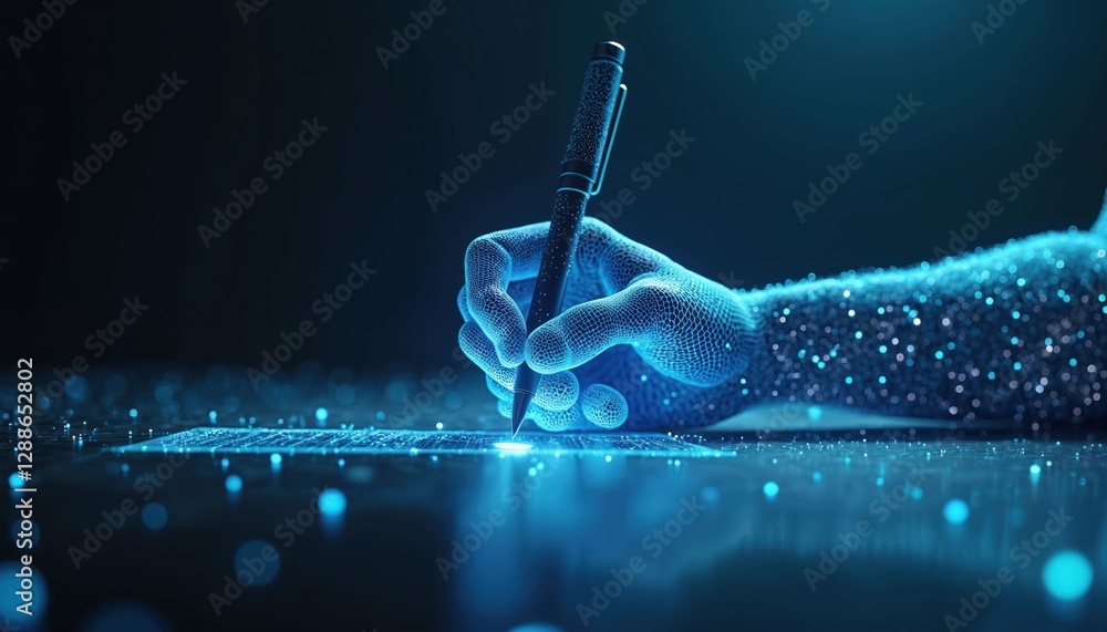 Poster digital hand signs document. futuristic glowing blue network lines with pen. e-signatures, advanced 